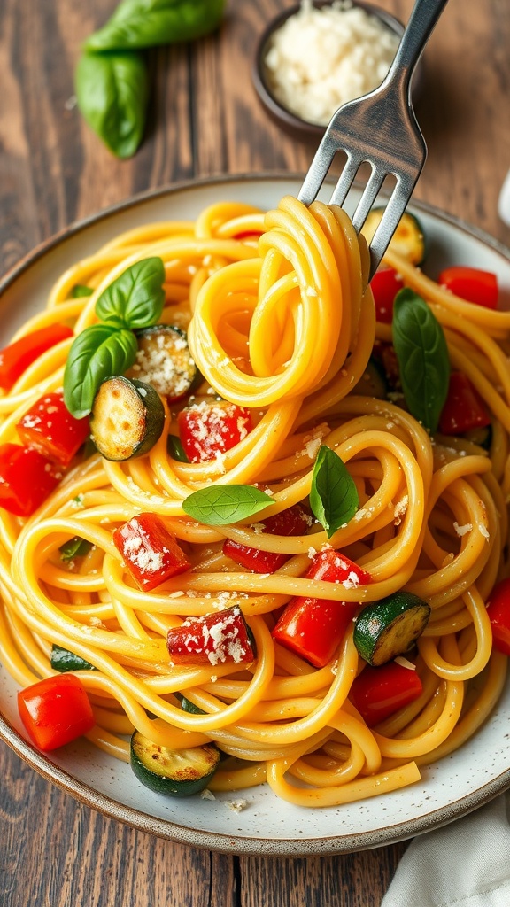 Delicious garlic garden pasta with zucchini, bell peppers, and cherry tomatoes, garnished with basil and Parmesan on a rustic table.